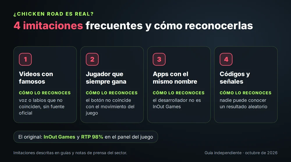 Cuatro imitaciones de Chicken Road: videos con famosos, jugador que siempre gana, apps con el mismo nombre y códigos o señales